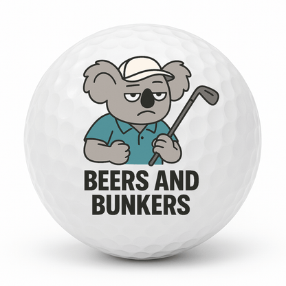 Tired koala gripping a golf club with the text Beers And Bunkers printed on a novelty golf ball.