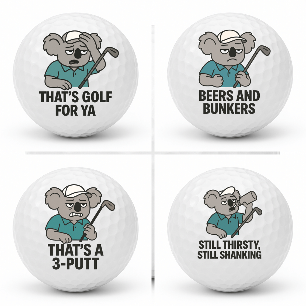 Four pack collage of Koala Chaos novelty golf balls featuring the designs Thats Golf For Ya Beers And Bunkers Thats A 3 Putt and Still Thirsty Still Shanking.