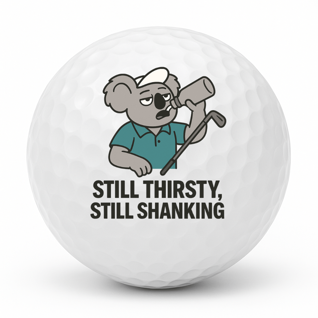 Koala drinking from a bottle while holding a golf club with the text Still Thirsty Still Shanking printed on a novelty golf ball.
