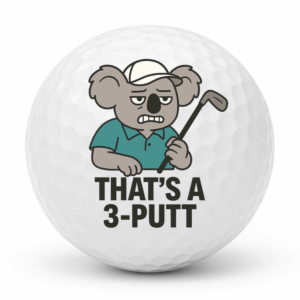 Frustrated koala golfer holding a club with the text Thats A 3 Putt printed on a novelty golf ball.