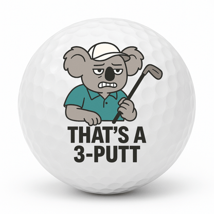Frustrated koala golfer holding a club with the text Thats A 3 Putt printed on a novelty golf ball.