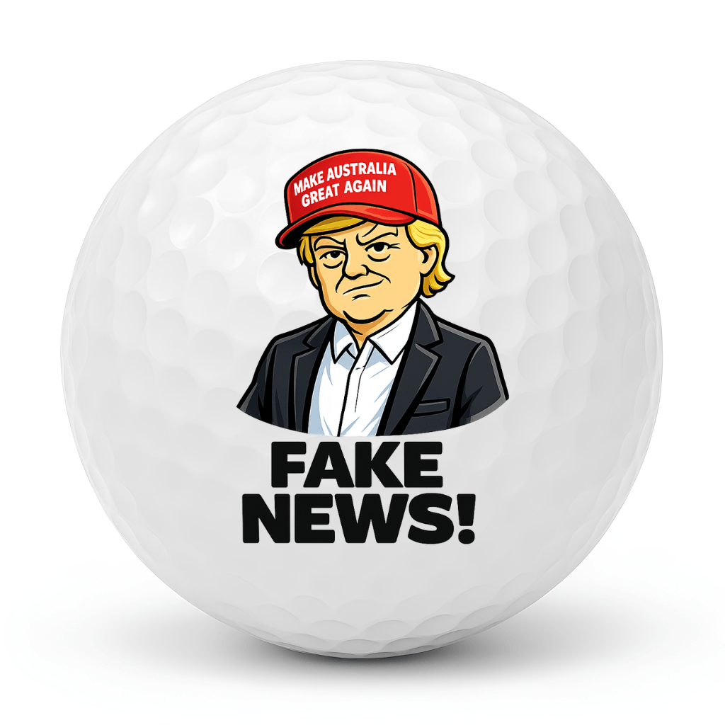 MAGA Mayhem funny golf ball featuring Fake News design