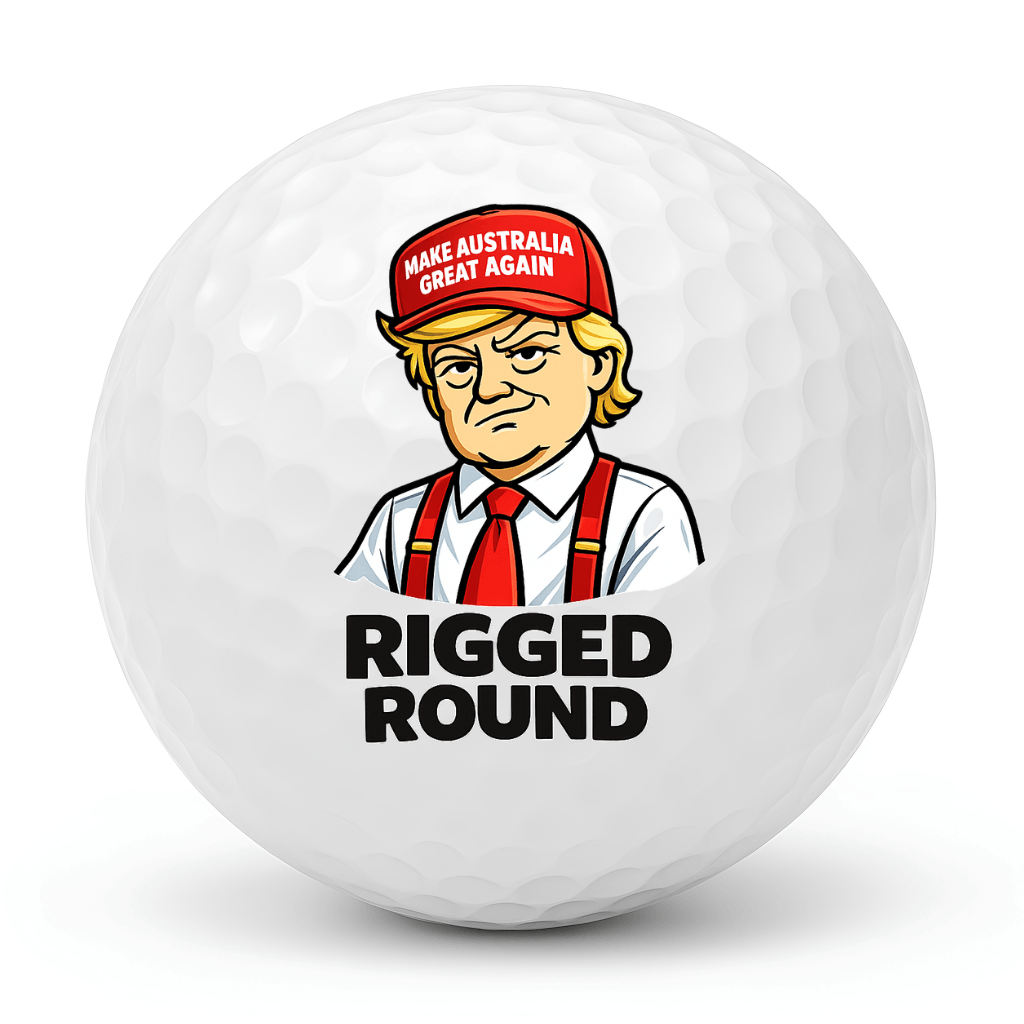 MAGA Mayhem funny golf ball featuring Rigged Round design