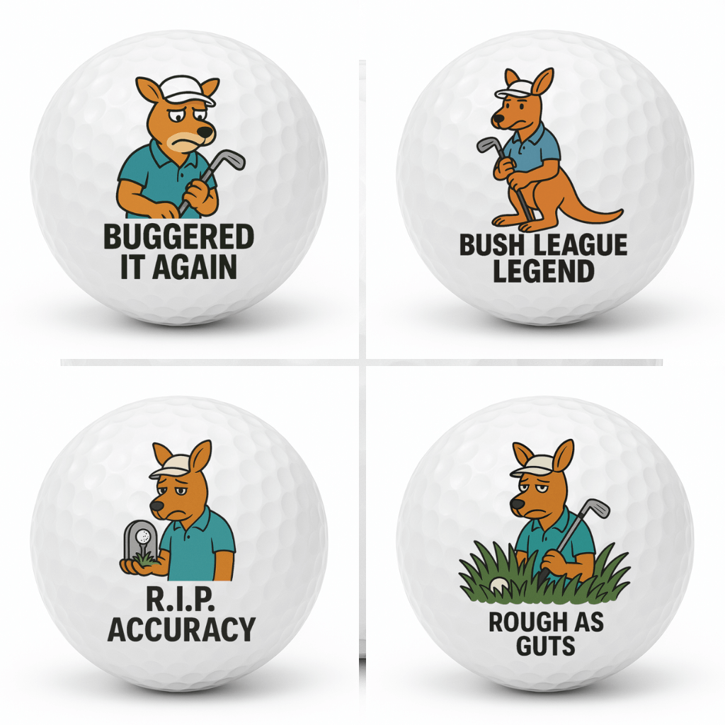 Set of four novelty kangaroo golf balls featuring Buggered It Again, Bush League Legend, R I P Accuracy, and Rough As Guts displayed together in a 2x2 collage.