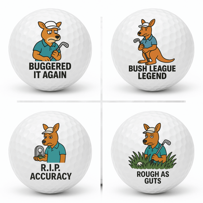 Set of four novelty kangaroo golf balls featuring Buggered It Again, Bush League Legend, R I P Accuracy, and Rough As Guts displayed together in a 2x2 collage.
