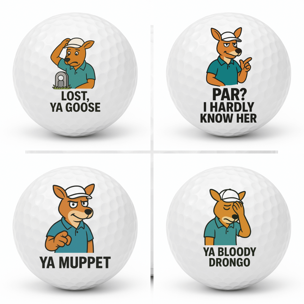 Set of four novelty kangaroo golf balls featuring Ya Bloody Drongo, Ya Muppet, Lost Ya Goose, and Par I Hardly Know Her displayed together in a 2x2 collage.