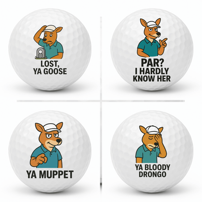 Set of four novelty kangaroo golf balls featuring Ya Bloody Drongo, Ya Muppet, Lost Ya Goose, and Par I Hardly Know Her displayed together in a 2x2 collage.