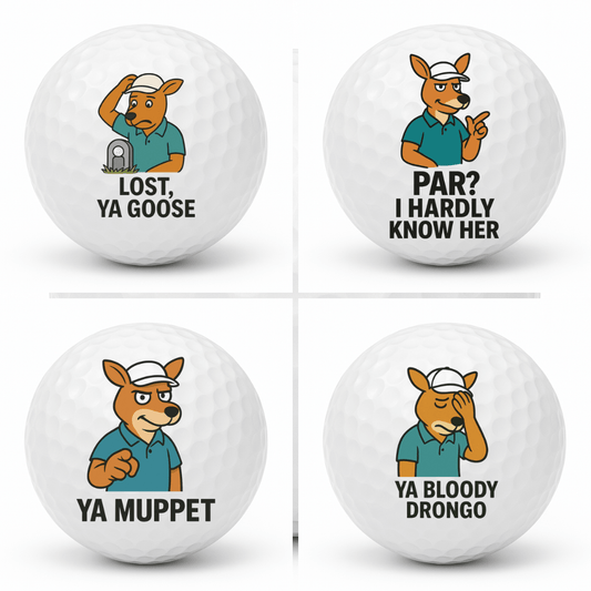 Set of four novelty kangaroo golf balls featuring Ya Bloody Drongo, Ya Muppet, Lost Ya Goose, and Par I Hardly Know Her displayed together in a 2x2 collage.