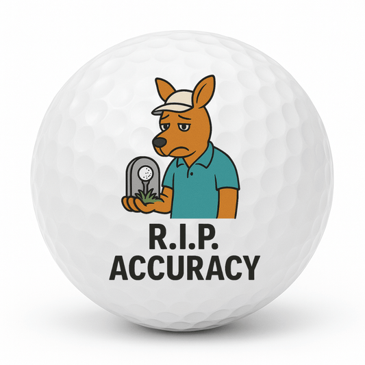 Cartoon kangaroo golfer holding a tiny golf-ball gravestone with the text R I P Accuracy printed on a white golf ball.