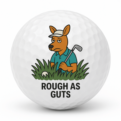 Cartoon kangaroo golfer stuck in long rough grass with the text Rough As Guts on a white golf ball.