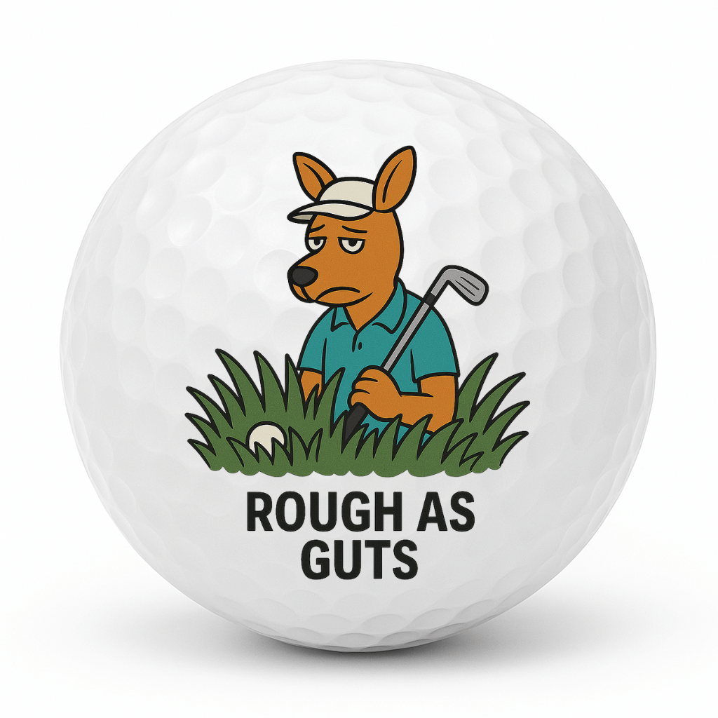 Cartoon kangaroo golfer stuck in long rough grass with the text Rough As Guts on a white golf ball.