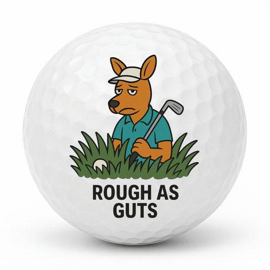 Cartoon kangaroo golfer stuck in long rough grass with the text Rough As Guts on a white golf ball.