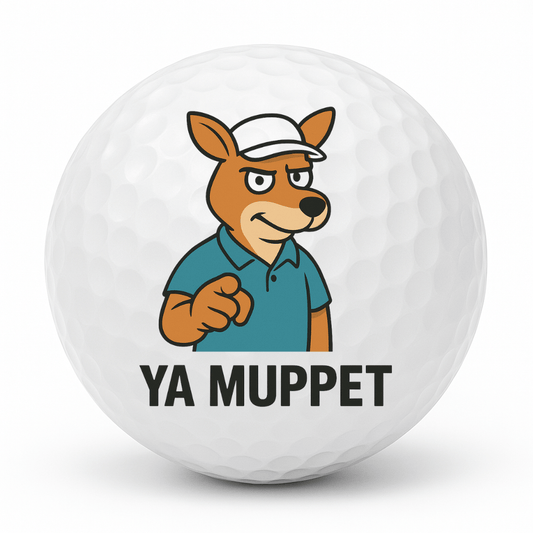 Cartoon kangaroo golfer pointing forward with the text Ya Muppet on a white golf ball.