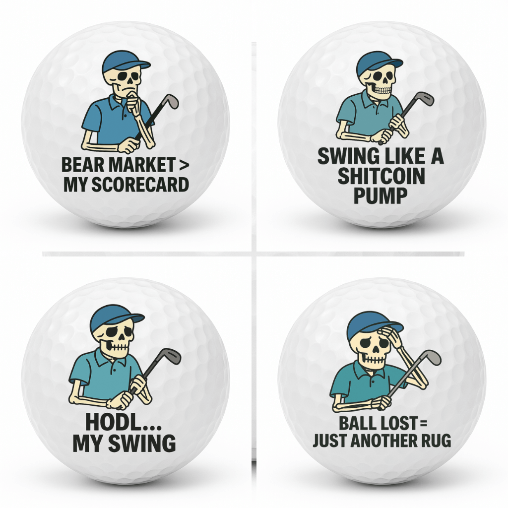 Set of four novelty skeleton golf balls featuring Bear Market My Scorecard, Swing Like A Shitcoin Pump, HODL My Swing, and Ball Lost Just Another Rug displayed together in a 2x2 collage.