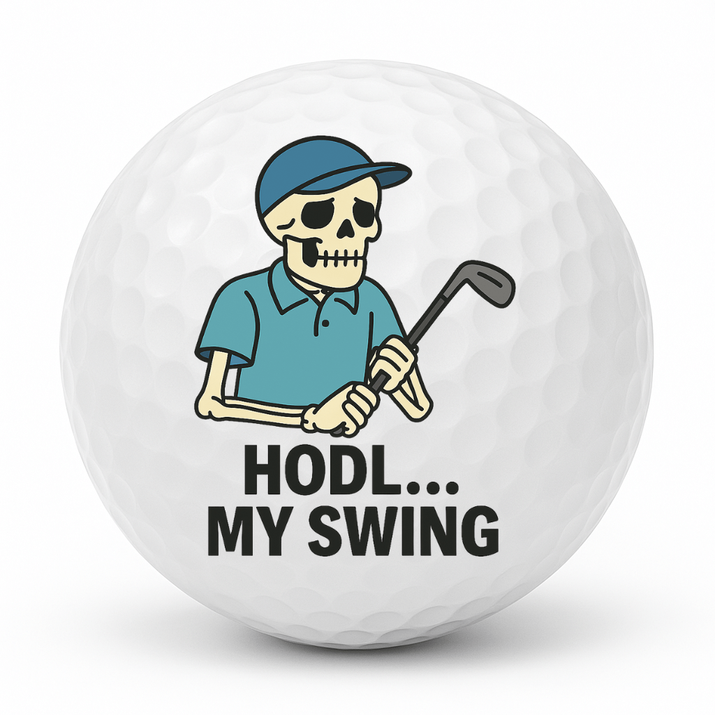 Cartoon skeleton golfer gripping a club with the text HODL My Swing on a white golf ball.