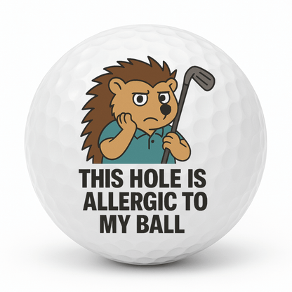 Spiky Swingers golf ball with hedgehog saying This hole is allergic to my ball