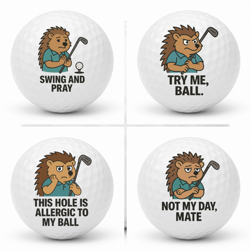Spiky Swingers novelty golf ball set of four showing all hedgehog designs