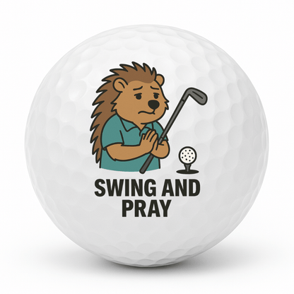 Spiky Swingers Swing and Pray golf ball with hedgehog character holding a club